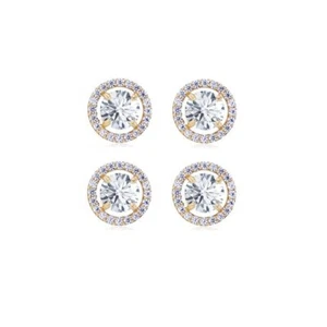 14k Yellow Gold Plated 6mm 3Ct Round White CZ Set Of Two Halo Stud Earrings - Picture 1 of 2