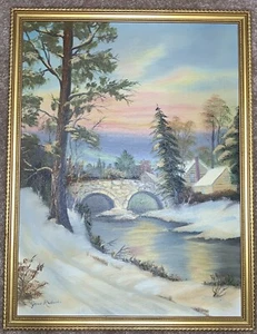 Vintage 18x24 Framed Oil Painting Of Winter Landscape With Bridge•SIGNED - Picture 1 of 5