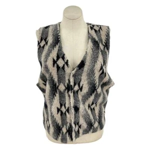 Vintage 70s Black and Cream Faux Shearling Vest Geometric Southwestern Attitudes - Picture 1 of 10