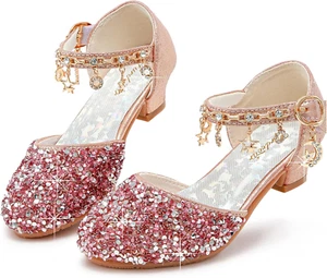 Girls Dress Shoes Princess Crystal High Heels Closed Toe Party Wedding Flower Gi - Picture 1 of 12