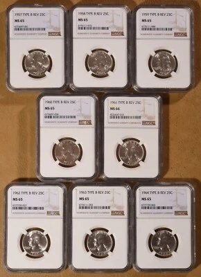 1957 to 1964 Washington Silver Quarters 'Type B Reverse' Certified NGC - 8 Coins - Image 1 of 4