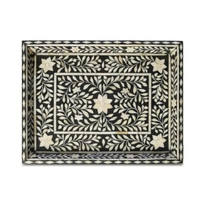 Bone inlay Tray, Handmade Rectangle Floral Wooden Pattern Decorative Tray - Image 1 of 4