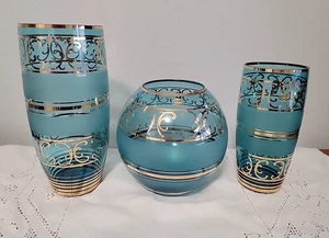 Vintage Bohemia Kristall 3er Set Vasen Aqua Blau & Gold Tschechoslowakei - Bild 1 von 12