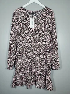 BNWT NEW BOOHOO DRESS 16 FLORAL V NECK SHIFT DARK 37" VE19 - Picture 1 of 8