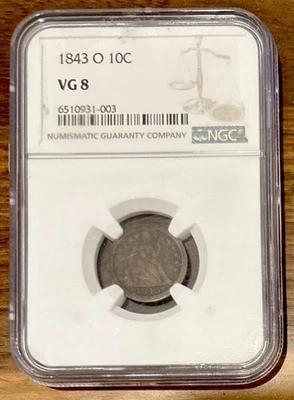 1843-O Seated Liberty Dime NGC VG 8 Key Date Nice Eye Appeal - New Orleans Mint - Image 1 of 2