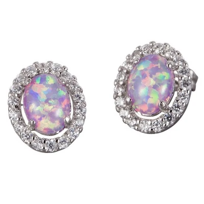 5x7 Oval Lavender Purple Fire Opal Cabochon CZ Silver Jewelry Stud Earrings - Image 1 of 4