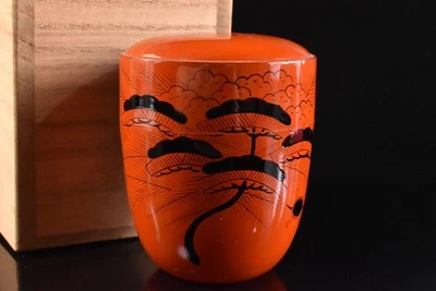 U8957: Japanese Wooden Lacquer ware Crane Lacquer TEA CADDY Natsume w/signed box - Image 1 of 4