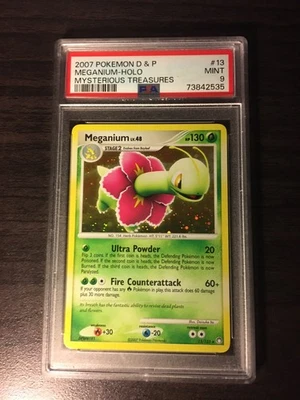 2007 POKEMON D&P MYSTERIOUS TREASURES MEGANIUM 13/123 RARE HOLO PSA 9 - Image 1 of 2