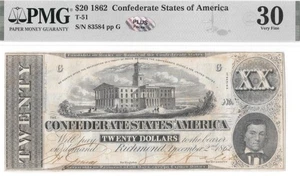 T-51 PF-4 1862 $20 Confederate CSA Note - PMG VF 30 - Fricke Silver Plus Sticker - Picture 1 of 5