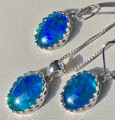 3 Piece set VIDEO VIVID Black Blue Opal Pendant Necklace Earrings Sterling Silve - Image 1 of 4
