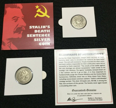 Stalin's Death Sentence Silver Coin 20 kopek KM 88 COA & History & Album Inc Cover