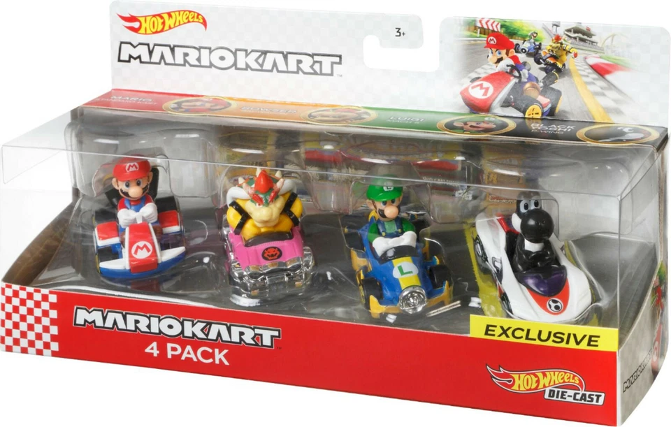 Hot Wheels Mariokart Set of 4 Mario Bowser Luigi & Black Yoshi by Mattel