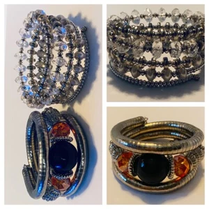 2 Wrap Around Cuff Bracelets Silver Tones Rhinestones Beaded Clear Black Orange - Picture 1 of 7