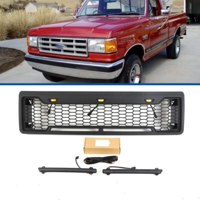 Parrilla delantera negra para Ford F150 1987-1991 parrilla superior con LED y barra de luz Foto 1 de 4