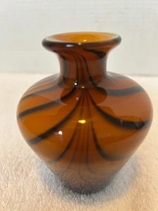Vintage Hand-Blown Small Glass Brown and Orange Stripped Vase 4.25" Tall - Picture 1 of 7