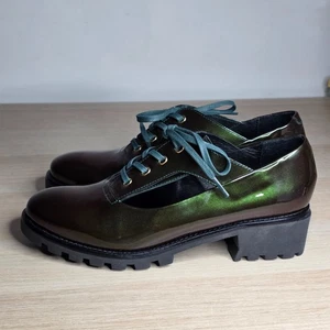 Miista Lace Up Shoes EUR 40 Green Patent Leather Platform Lug Sole Oxford Spain - Picture 1 of 10