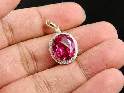 14K Yellow Gold Plated Lab Created Red Ruby Lab Created Diamond Oval Pendant 3Ct - Image 1 of 4