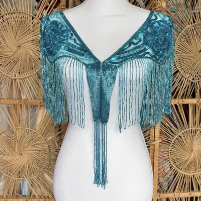 Turquoise Beaded Fringe Shawl Blue Art Deco Sequin Capelet Great Gatsby Cape - Image 1 of 4