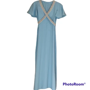 Vintage Handmade Powder Blue Flutter Sleeve Prairie Maxi Dress - Picture 1 of 8