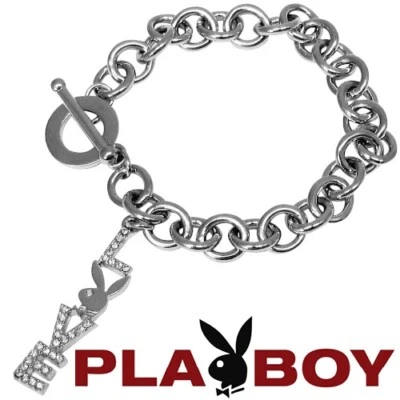 Playboy Bracelet Bunny LOVE Charm Crystal Toggle Platinum Plated Play Boy y2k - Image 1 of 4