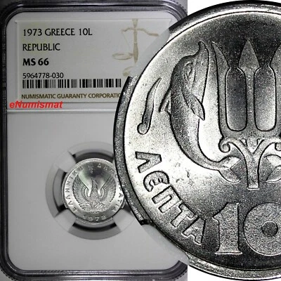 Greece Republic Aluminum 1973 10 Lepta NGC MS66 Athens mint KM# 105 (030) - Image 1 of 4