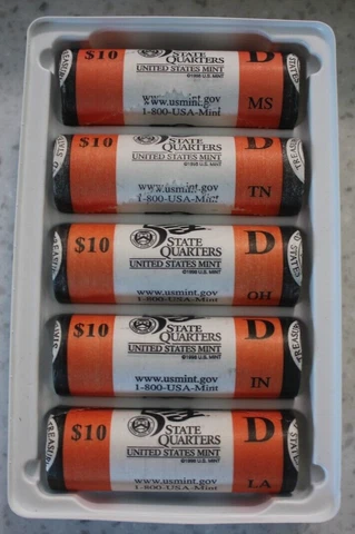 Complete 5 roll 2002 D State Quarters set LA IN OH TN MS UNCIRCULATED W/MINT BOX Cover