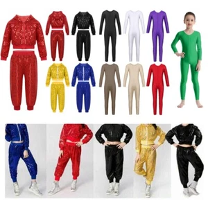 Girls Shiny Sequins Dance Outfit Long Sleeve Crop Tops and Pants Set Dancewear - Picture 1 of 80