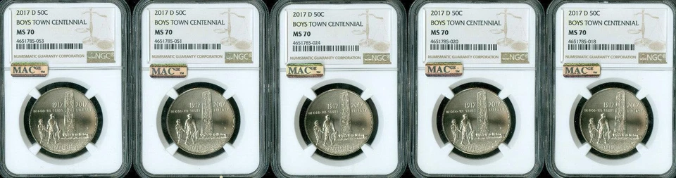 2017 D BOYS TOWN HALF DOLLAR NGC MS70 MAC SPOTLESS 5 COINS RARE * - Image 1 of 2