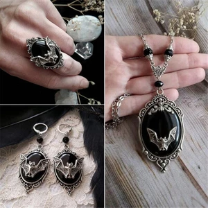 Gothic Bat Pendant Punk Necklace Ring Earrings Cameo Choker Halloween Jewelry - Picture 1 of 14