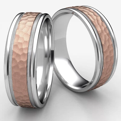 Hammered Milgrain Polished Edge 8mm Unisex 2 Tone Gold Comfort Fit Wedding Band - Image 1 of 4