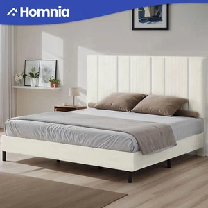 King Size Bed Frame 52" Tall Upholstered Headboard Soft Velvet Beige Noise Free - Picture 1 of 12
