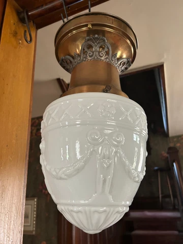 Ornate 1930's  Deco Brass Flush Mount Light Fixture, Milk Glass Shade, Free S/H Cover