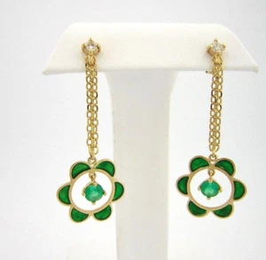 Colombian Emerald 1.00 Ct Dia 0.25 Cts Enamel Dangle Earrings 18K Fine Jewelry - Picture 1 of 10
