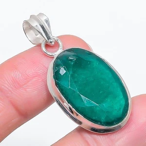 Emerald(Simulated) Gemstone Handmade 925 Sterling Silver Pendant 1.65" s064 - Picture 1 of 2