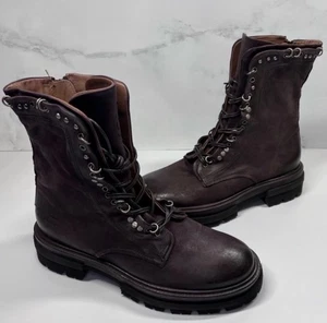 Gr. 41 A.S. 98 Hubie Aubergine Leder Nieten Ring Combat Lug Sohle Stiefel - Bild 1 von 11