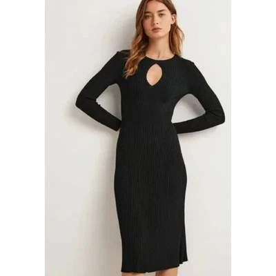 Boden Black Ribbed Long Sleeve Midi Dress 10P Petite Cutout Neckline D0436 NWT - Image 1 of 4