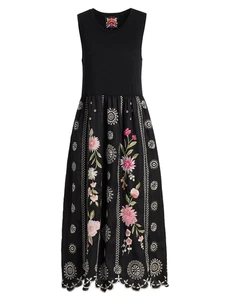 💕$295 JOHNNY WAS SZ SMALL DELLA FLORAL EMBROIDERED BLACK MIDI DRESS NEW - Picture 1 of 6