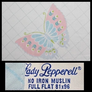LADY PEPPERELL Muslin Full Flat sheet Blue w/ Butterflies Vintage Kawaii - Picture 1 of 11