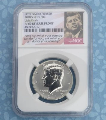 2018 S NGC PF 69 Reverse Proof Kennedy Silver Half Dollar, Light Finish Variety - Image 1 of 4