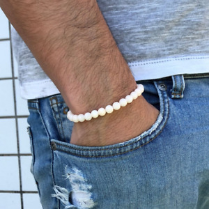 Bracciale con Perle Bianche 6mm Estate braccialetto bianco Elastico Uomo e Donna