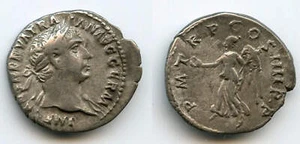Silver denarius w/Victory, Trajan (98-117 CE), Rome mint, Roman Empire (RIC 60) - Picture 1 of 1