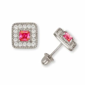 Solid 14K White Gold Cubic Zirconia Halo Princess Studs Screw Back Earrings Gift - Picture 1 of 7