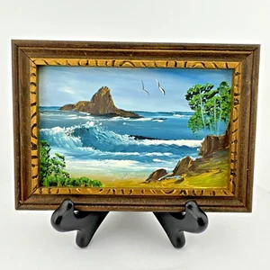 Pintura de paisaje oceánico olas del océano gaviotas junto al acantilado isla rocosa obra de arte enmarcada - Imagen 1 de 3