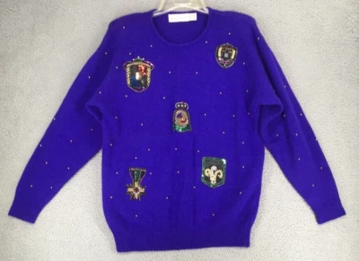 Suéter enfeitado festivo vintage Marisa Christina tamanho G lã de cordeiro roxo angorá - Imagem 1 de 4