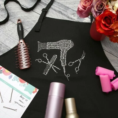 Hair Stylist Salon Apron with Rhinestone Scissor and Comb Design, Black  - Image 1 of 4