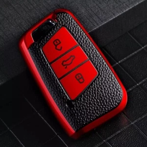 Schlüsselhülle passend für VW Passat B8 Arteon Skoda Superb Keyless Rot Leder - Picture 1 of 1