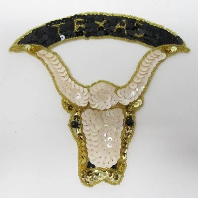 Large Texas Longhorn Sequin Applique Patch Sew On Black Gold White 6" x 5.5" Vtg - Image 1 of 4