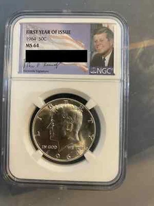 1964 P NGC MS64 SILVER KENNEDY HALF DOLLAR FIRST YEAR ISSUE JFK COIN SIGNATURE - Picture 1 of 5