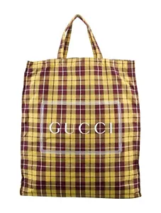 Gucci Plaid Montecarlo Nylon Tote Yellow brown Pre Owned - Picture 1 of 9