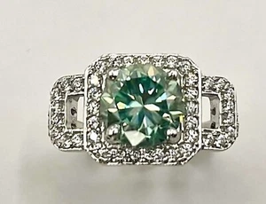 14 K White Gold Plate Dazzling 4.3 Ct Paraiba Green  Fire Moissanite Ring.  - Picture 1 of 4